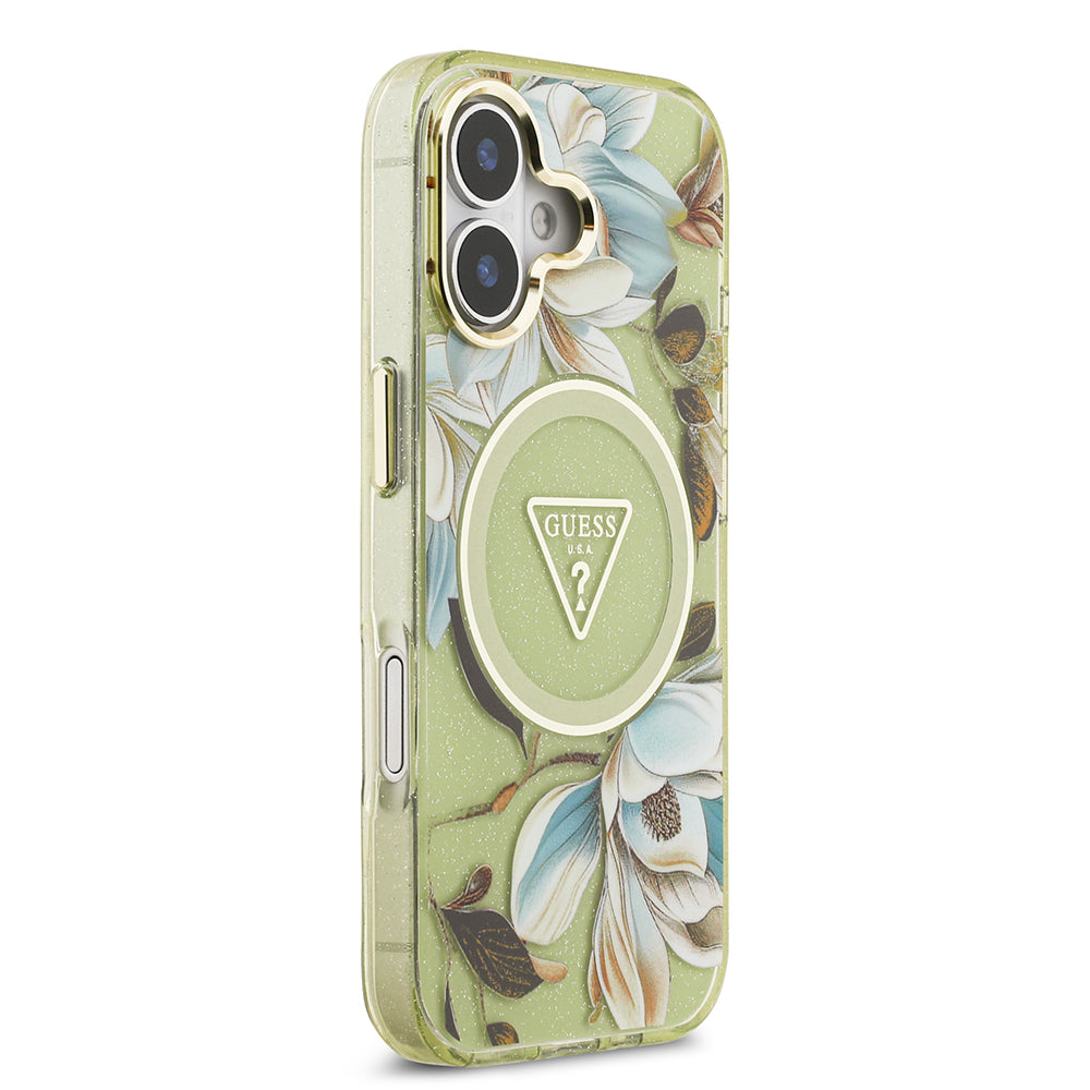 iPhone 17 Kılıf Guess Orijinal Lisanslı M-safe Şarj Özellikli Simli Çiçek Desenli Metal Kamera Çerçeveli Üçgen Logolu Kılıf