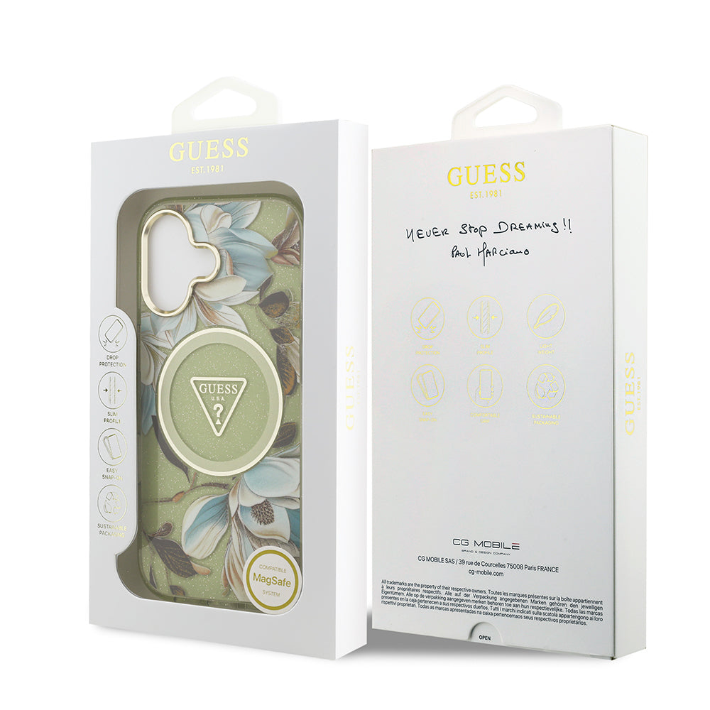 iPhone 17 Kılıf Guess Orijinal Lisanslı M-safe Şarj Özellikli Simli Çiçek Desenli Metal Kamera Çerçeveli Üçgen Logolu Kılıf