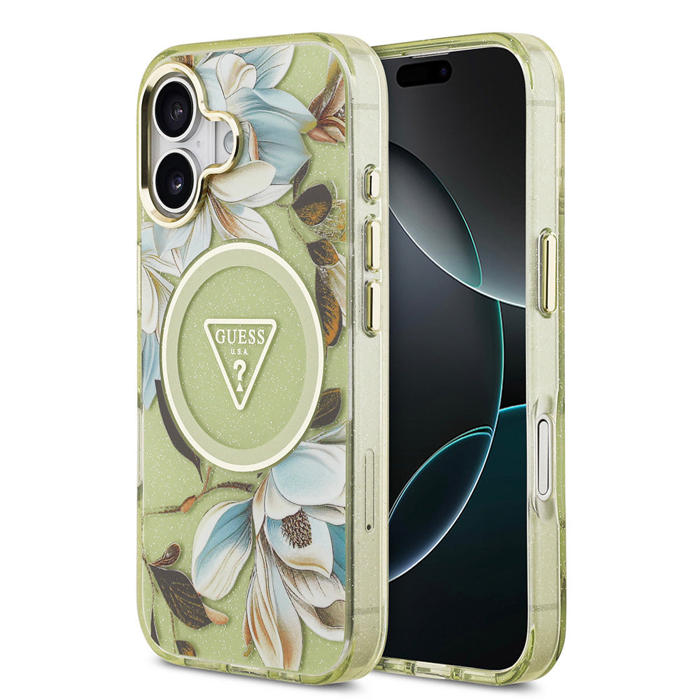 iPhone 17 Kılıf Guess Orijinal Lisanslı M-safe Şarj Özellikli Simli Çiçek Desenli Metal Kamera Çerçeveli Üçgen Logolu Kılıf