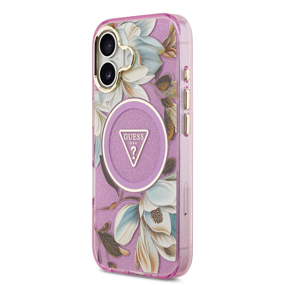iPhone 17 Kılıf Guess Orijinal Lisanslı M-safe Şarj Özellikli Simli Çiçek Desenli Metal Kamera Çerçeveli Üçgen Logolu Kılıf