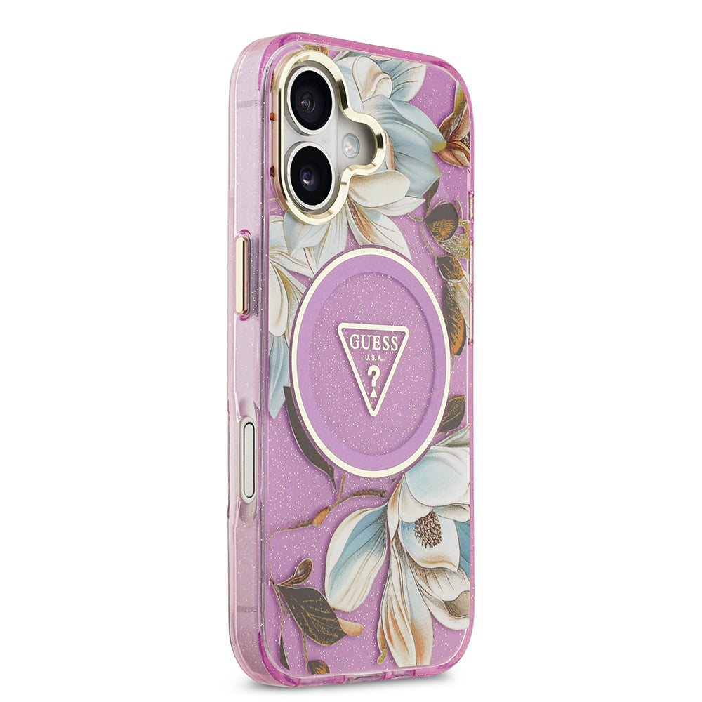iPhone 17 Kılıf Guess Orijinal Lisanslı M-safe Şarj Özellikli Simli Çiçek Desenli Metal Kamera Çerçeveli Üçgen Logolu Kılıf