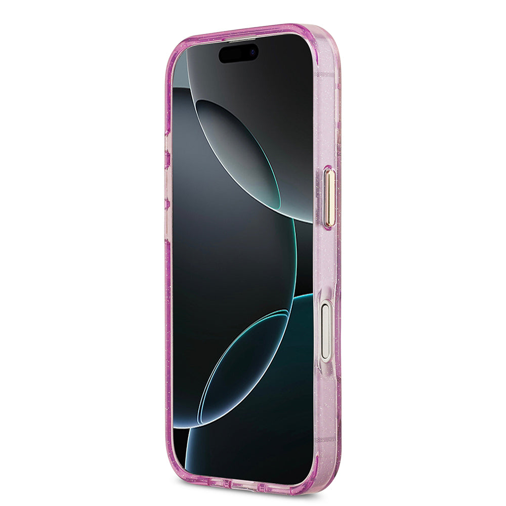 iPhone 17 Kılıf Guess Orijinal Lisanslı M-safe Şarj Özellikli Simli Çiçek Desenli Metal Kamera Çerçeveli Üçgen Logolu Kılıf