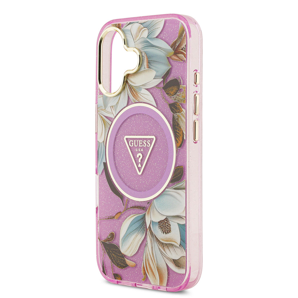 iPhone 17 Kılıf Guess Orijinal Lisanslı M-safe Şarj Özellikli Simli Çiçek Desenli Metal Kamera Çerçeveli Üçgen Logolu Kılıf