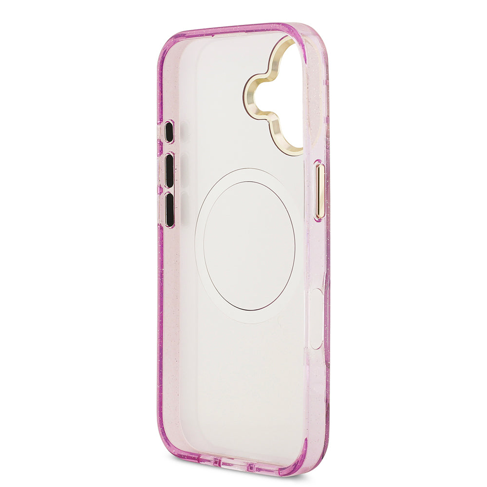 iPhone 17 Kılıf Guess Orijinal Lisanslı M-safe Şarj Özellikli Simli Çiçek Desenli Metal Kamera Çerçeveli Üçgen Logolu Kılıf