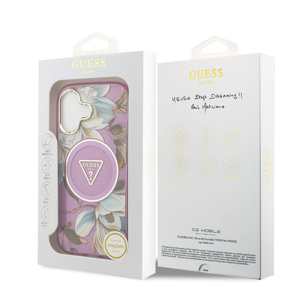 iPhone 17 Kılıf Guess Orijinal Lisanslı M-safe Şarj Özellikli Simli Çiçek Desenli Metal Kamera Çerçeveli Üçgen Logolu Kılıf