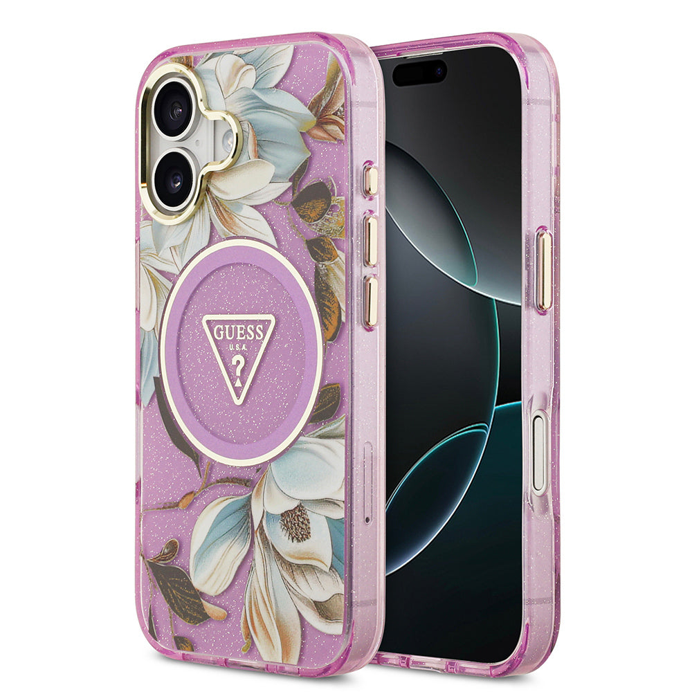 iPhone 17 Kılıf Guess Orijinal Lisanslı M-safe Şarj Özellikli Simli Çiçek Desenli Metal Kamera Çerçeveli Üçgen Logolu Kılıf