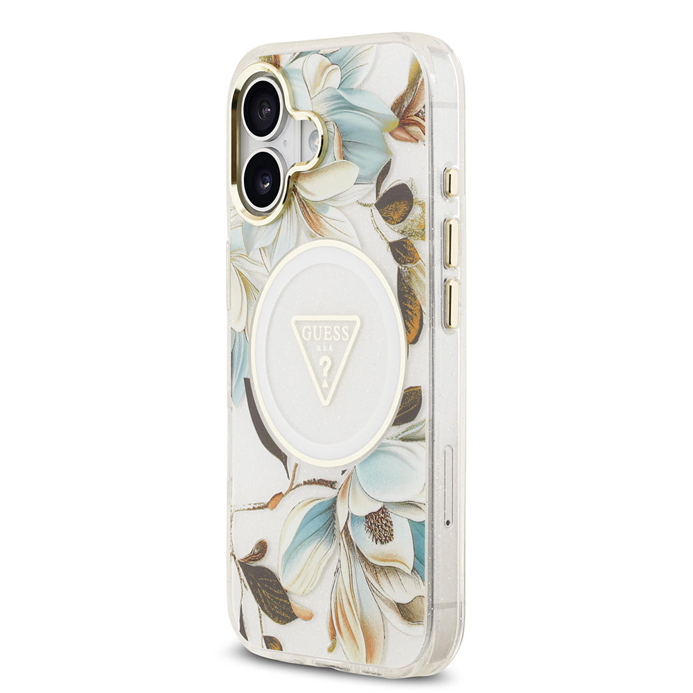 iPhone 17 Kılıf Guess Orijinal Lisanslı M-safe Şarj Özellikli Simli Çiçek Desenli Metal Kamera Çerçeveli Üçgen Logolu Kılıf
