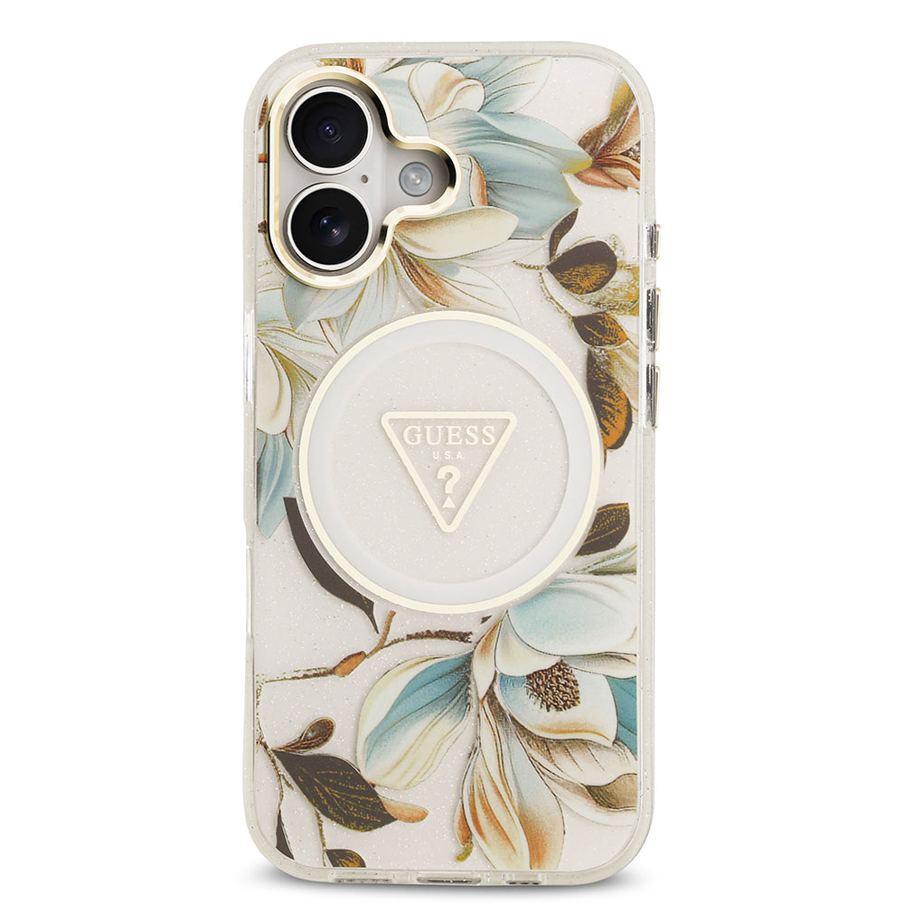 iPhone 17 Kılıf Guess Orijinal Lisanslı M-safe Şarj Özellikli Simli Çiçek Desenli Metal Kamera Çerçeveli Üçgen Logolu Kılıf