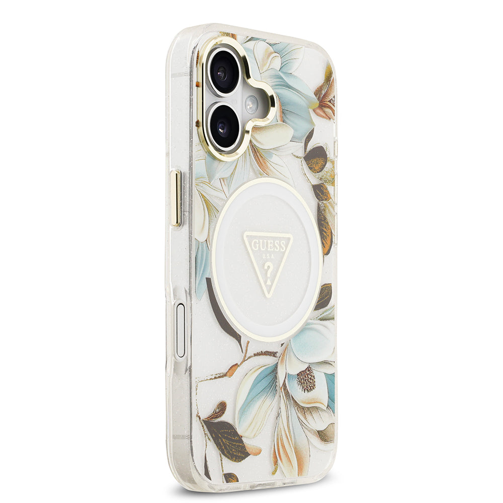 iPhone 17 Kılıf Guess Orijinal Lisanslı M-safe Şarj Özellikli Simli Çiçek Desenli Metal Kamera Çerçeveli Üçgen Logolu Kılıf