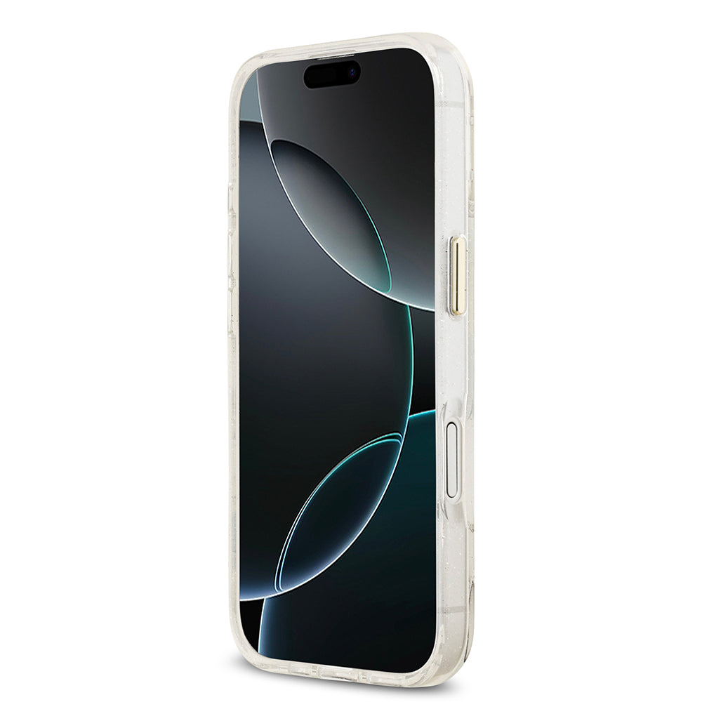 iPhone 17 Kılıf Guess Orijinal Lisanslı M-safe Şarj Özellikli Simli Çiçek Desenli Metal Kamera Çerçeveli Üçgen Logolu Kılıf