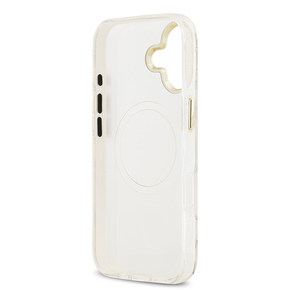 iPhone 17 Kılıf Guess Orijinal Lisanslı M-safe Şarj Özellikli Simli Çiçek Desenli Metal Kamera Çerçeveli Üçgen Logolu Kılıf