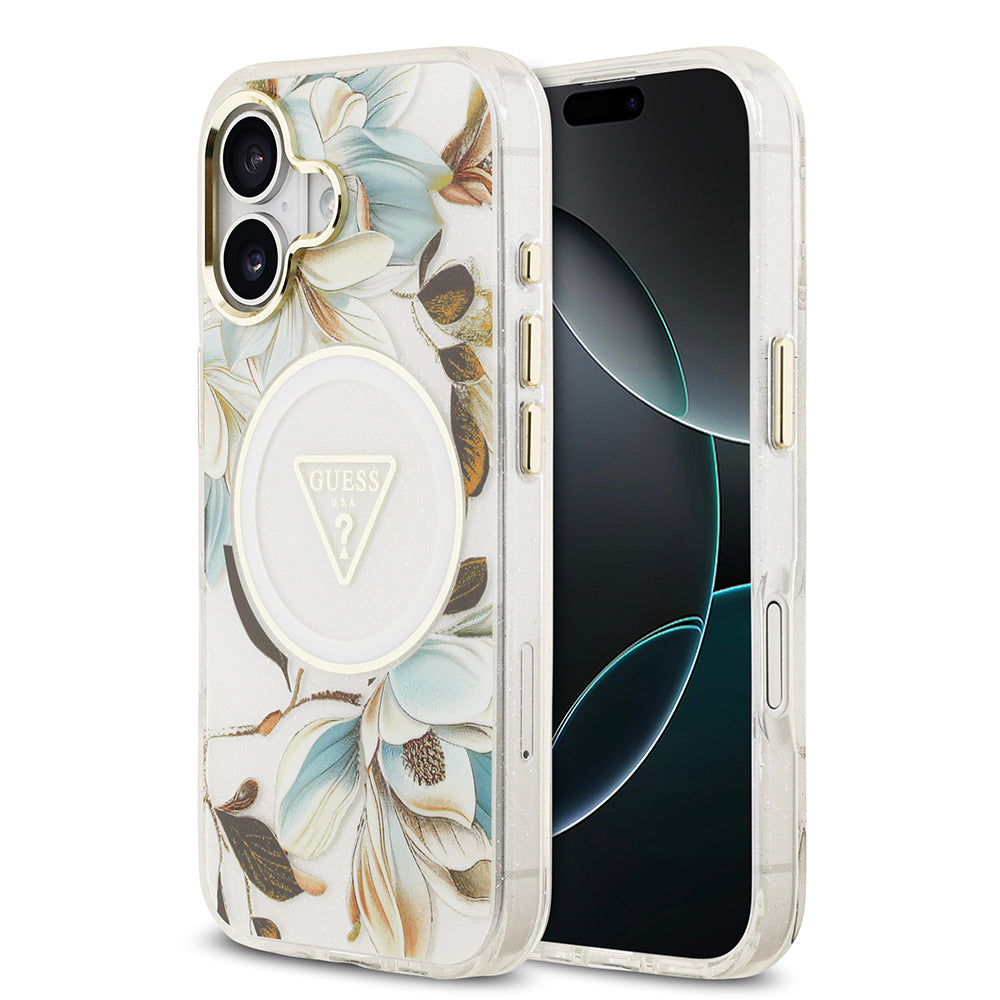 iPhone 17 Kılıf Guess Orijinal Lisanslı M-safe Şarj Özellikli Simli Çiçek Desenli Metal Kamera Çerçeveli Üçgen Logolu Kılıf