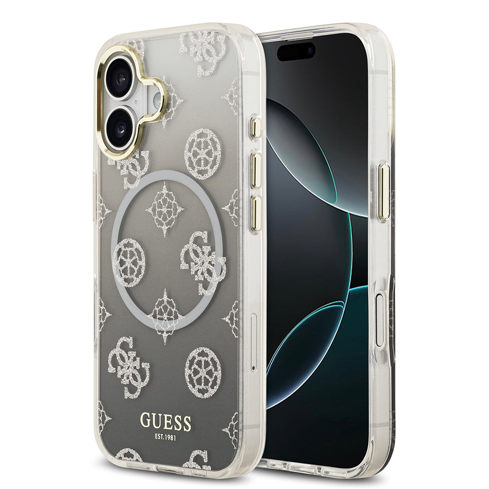 iPhone 17 Kılıf Guess Orijinal Lisanslı M-safe Şarj Özellikli Simli Peony Desenli Silikon Kılıf