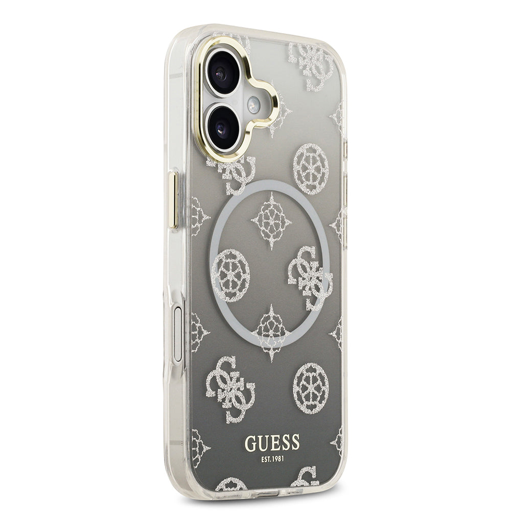 iPhone 17 Kılıf Guess Orijinal Lisanslı M-safe Şarj Özellikli Simli Peony Desenli Silikon Kılıf