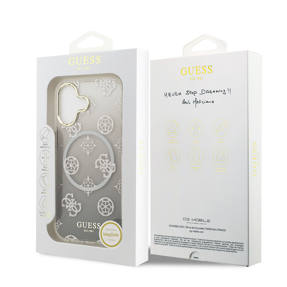 iPhone 17 Kılıf Guess Orijinal Lisanslı M-safe Şarj Özellikli Simli Peony Desenli Silikon Kılıf