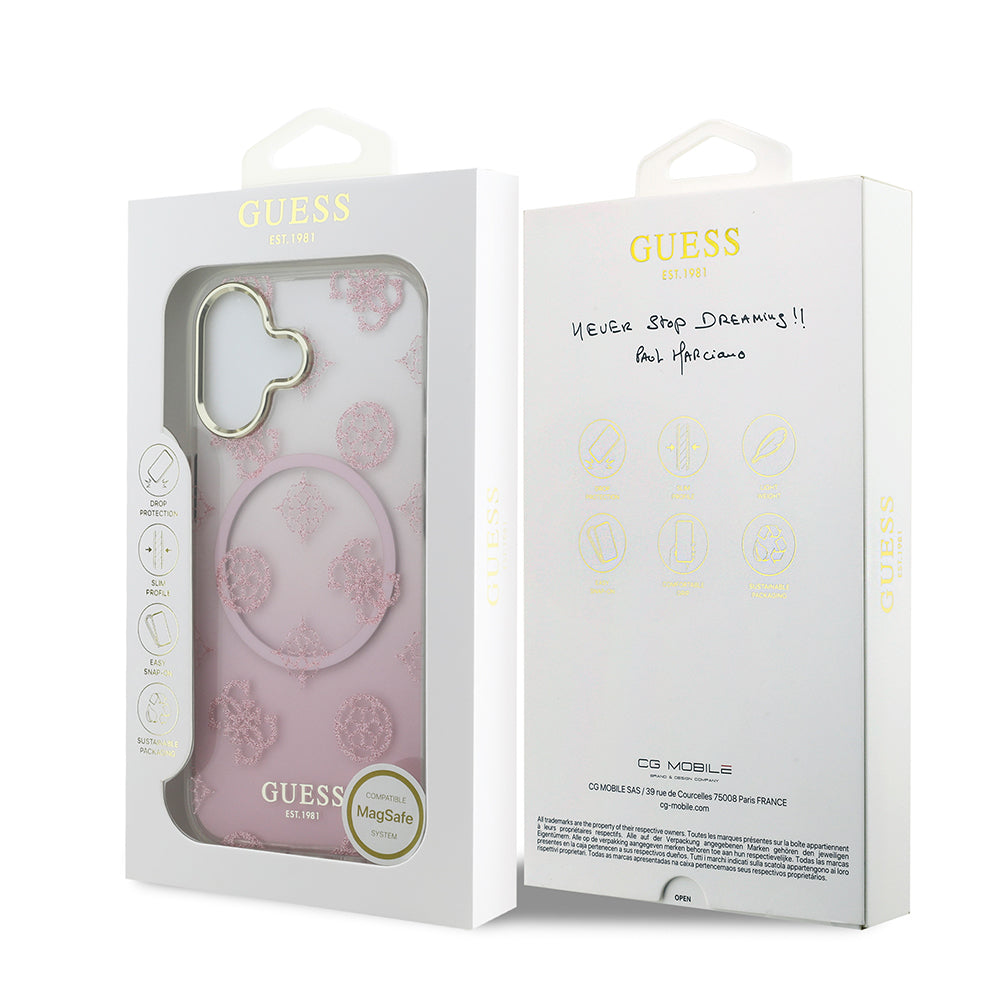iPhone 17 Kılıf Guess Orijinal Lisanslı M-safe Şarj Özellikli Simli Peony Desenli Silikon Kılıf