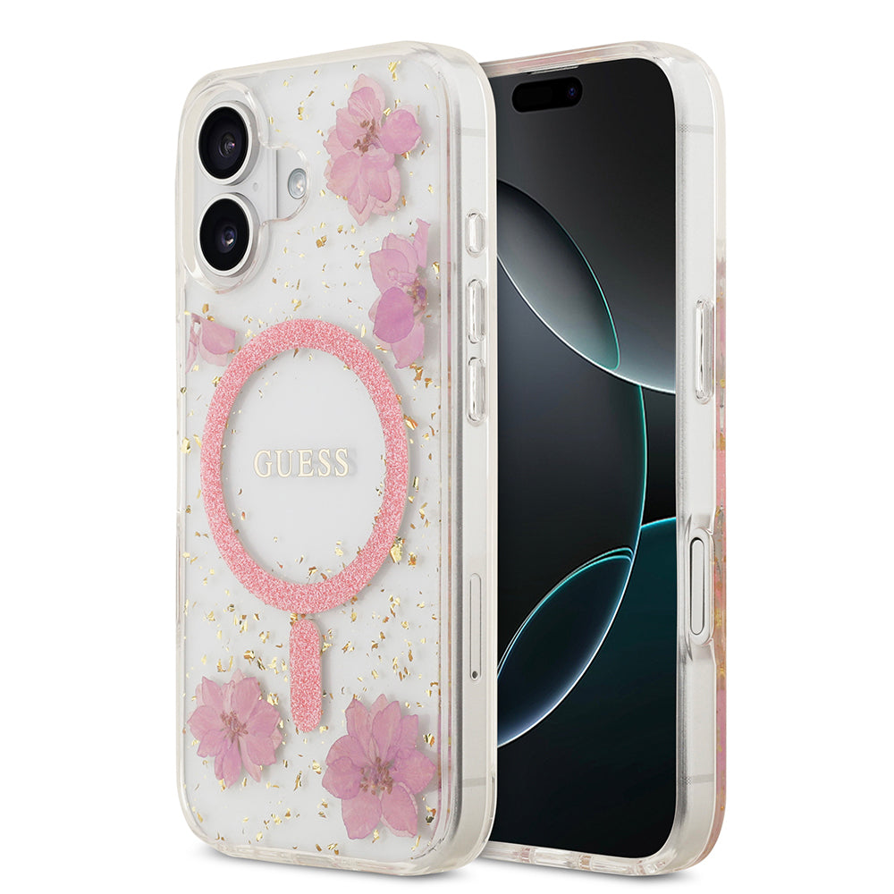 iPhone 17 Kılıf Guess Orijinal Lisanslı M-safe Şarj Özellikli Transparan Resin Flowers Kılıf