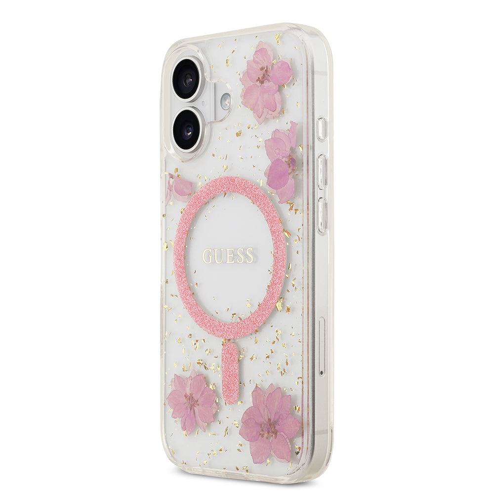 iPhone 17 Kılıf Guess Orijinal Lisanslı M-safe Şarj Özellikli Transparan Resin Flowers Kılıf