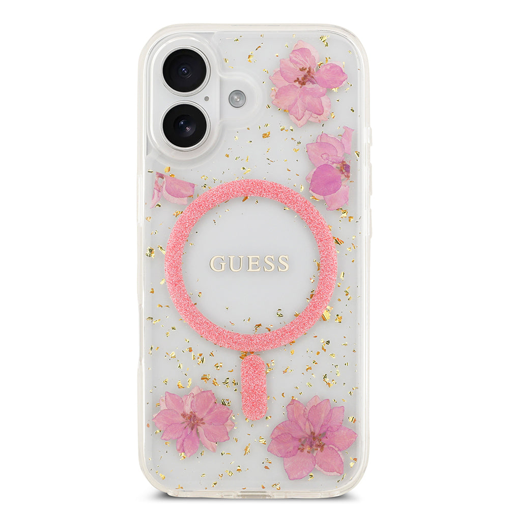 iPhone 17 Kılıf Guess Orijinal Lisanslı M-safe Şarj Özellikli Transparan Resin Flowers Kılıf