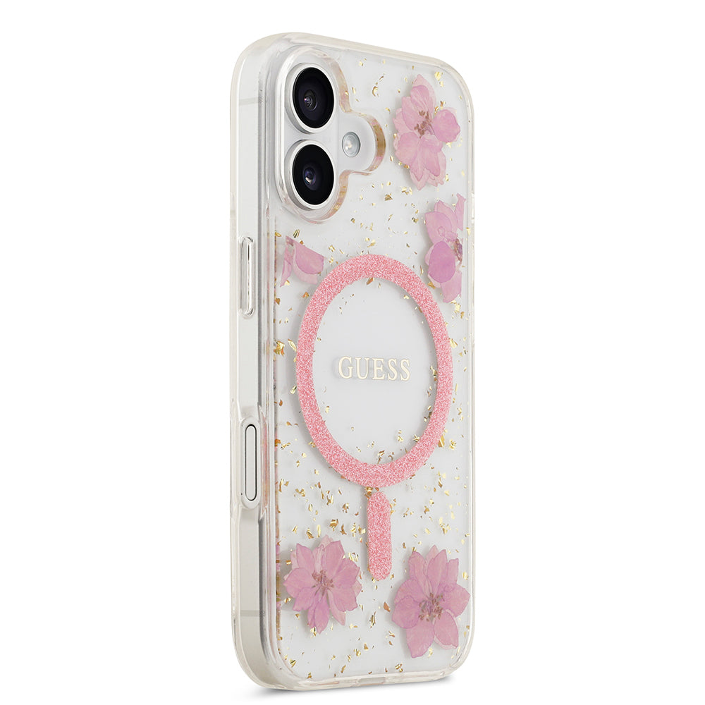 iPhone 17 Kılıf Guess Orijinal Lisanslı M-safe Şarj Özellikli Transparan Resin Flowers Kılıf