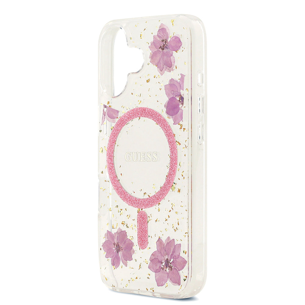 iPhone 17 Kılıf Guess Orijinal Lisanslı M-safe Şarj Özellikli Transparan Resin Flowers Kılıf