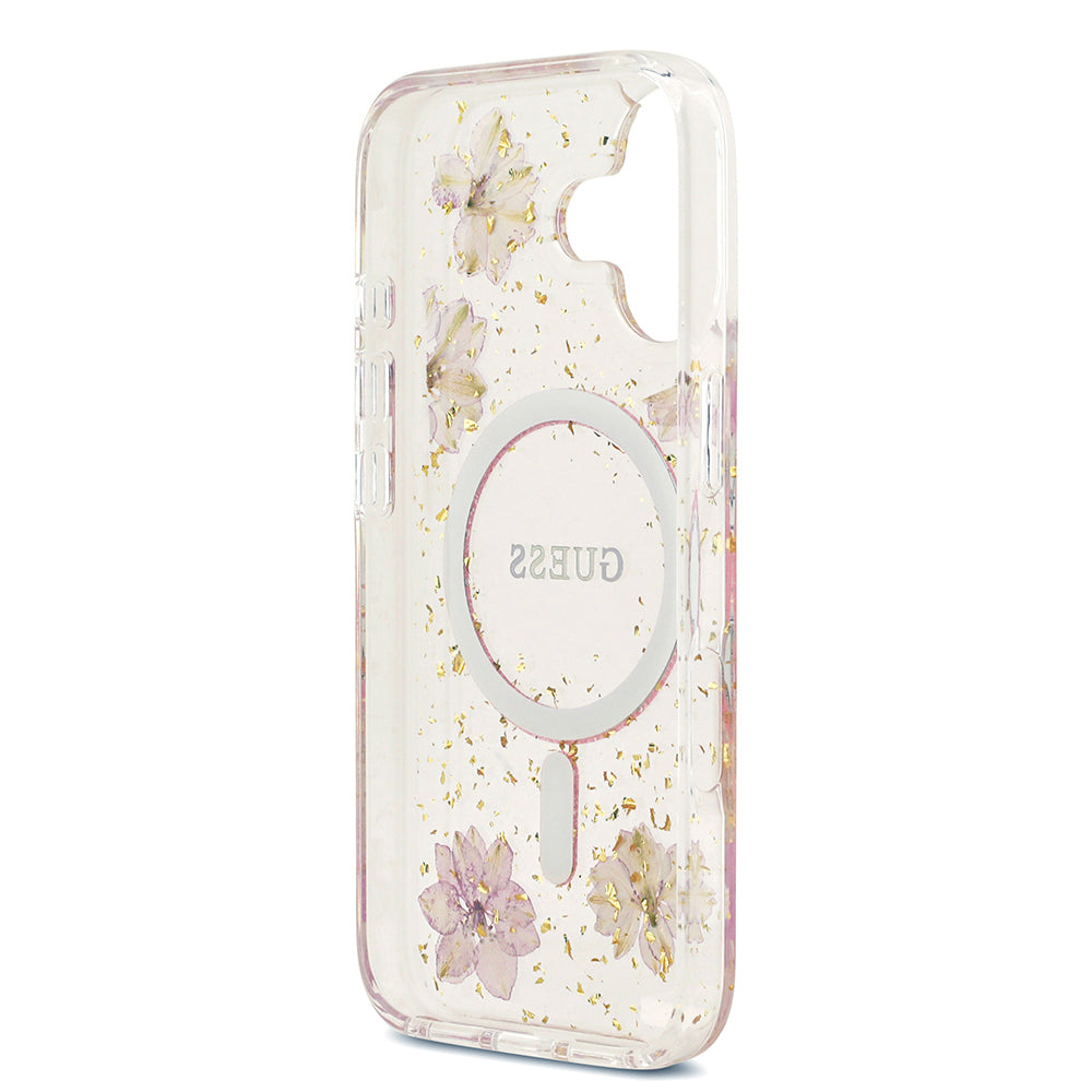 iPhone 17 Kılıf Guess Orijinal Lisanslı M-safe Şarj Özellikli Transparan Resin Flowers Kılıf