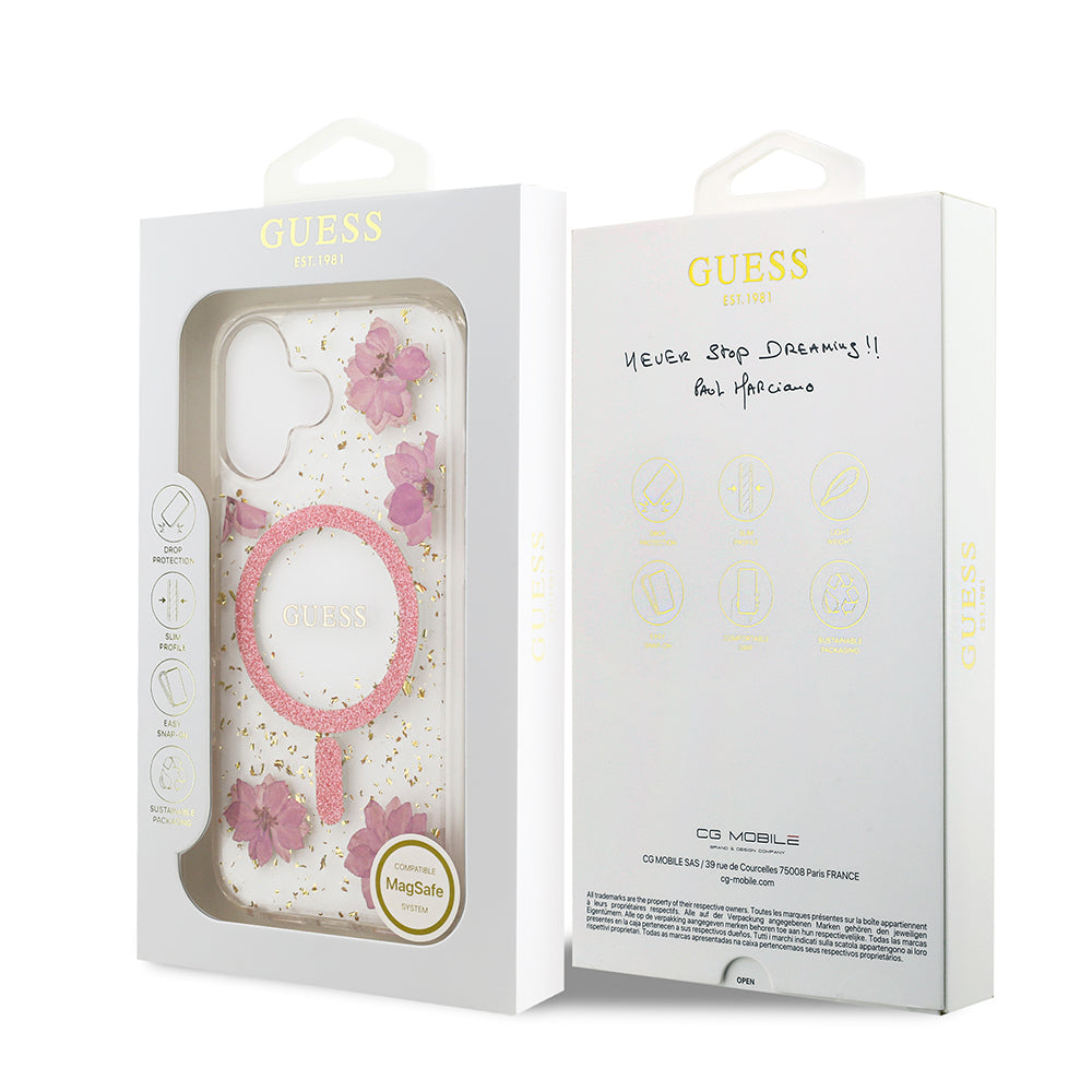 iPhone 17 Kılıf Guess Orijinal Lisanslı M-safe Şarj Özellikli Transparan Resin Flowers Kılıf