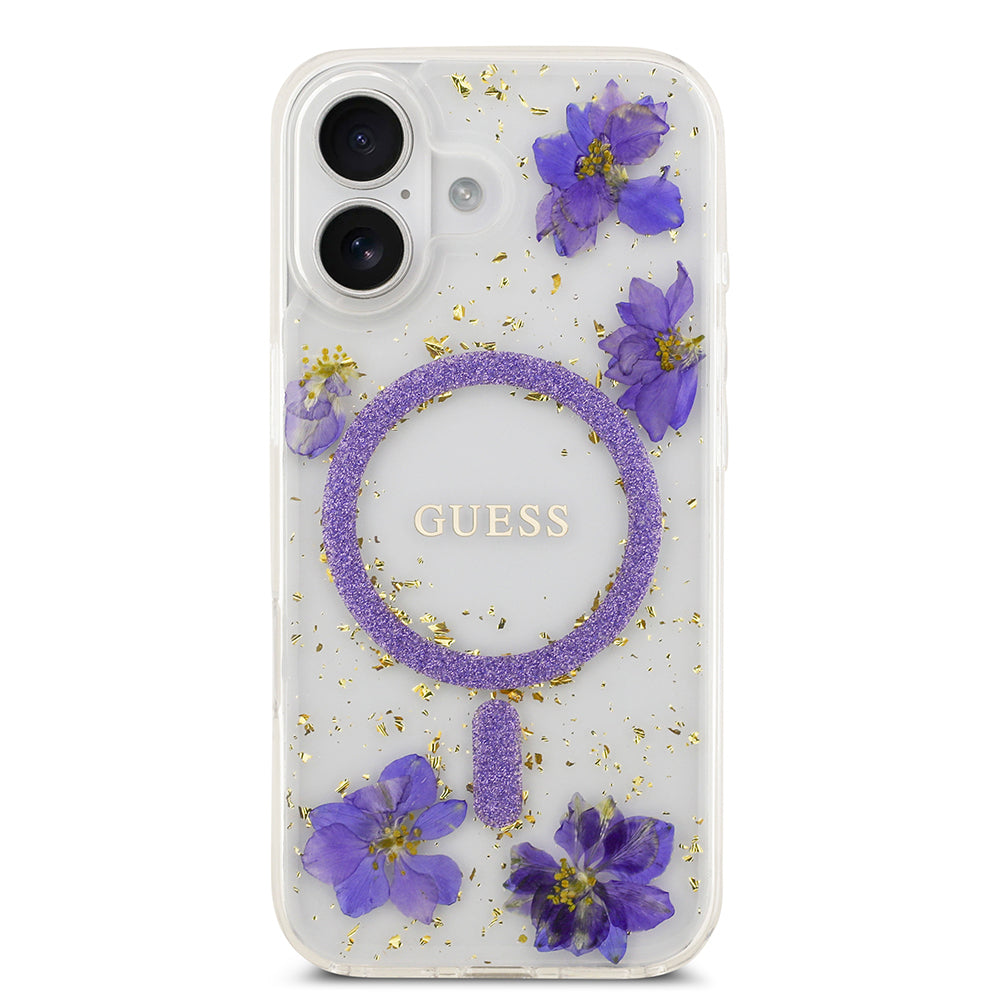 iPhone 17 Kılıf Guess Orijinal Lisanslı M-safe Şarj Özellikli Transparan Resin Flowers Kılıf