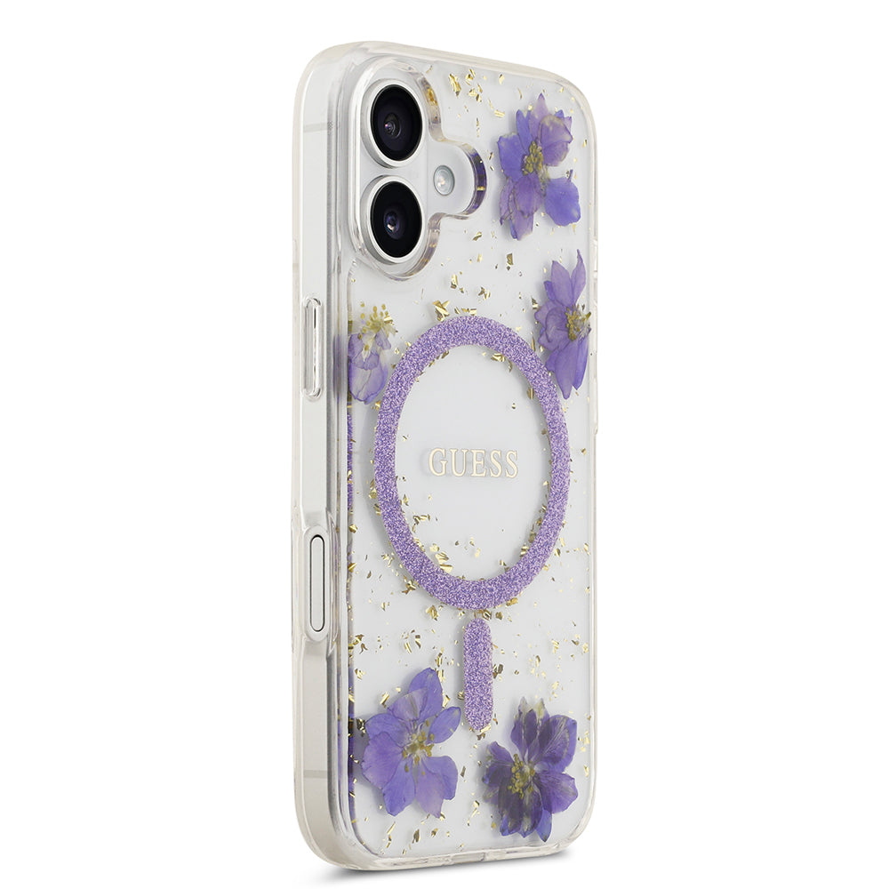 iPhone 17 Kılıf Guess Orijinal Lisanslı M-safe Şarj Özellikli Transparan Resin Flowers Kılıf