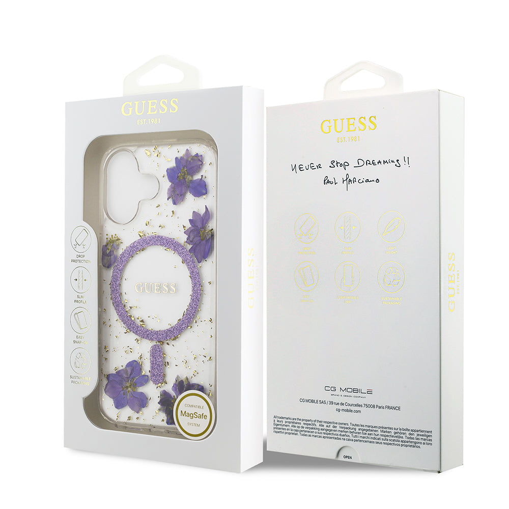 iPhone 17 Kılıf Guess Orijinal Lisanslı M-safe Şarj Özellikli Transparan Resin Flowers Kılıf