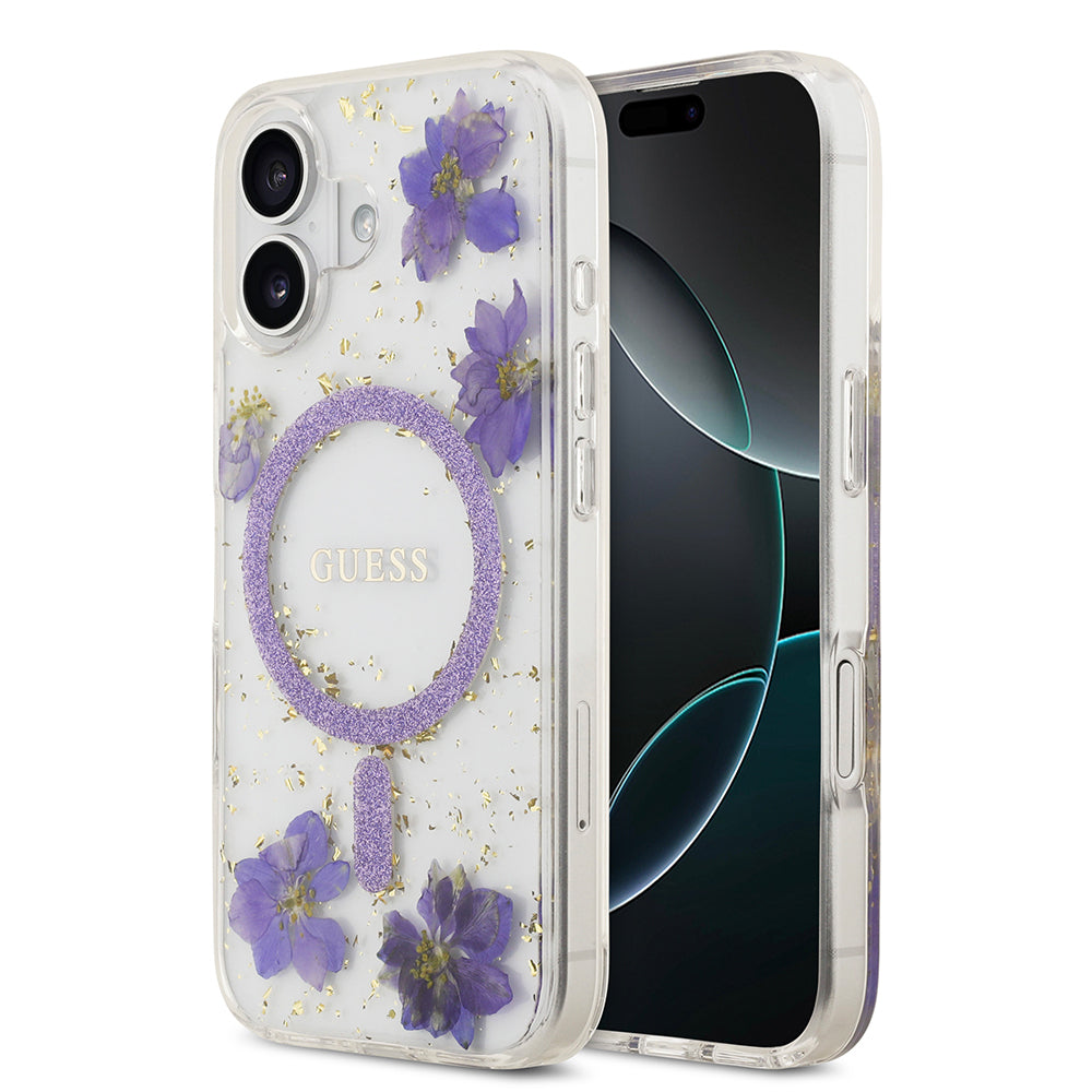 iPhone 17 Kılıf Guess Orijinal Lisanslı M-safe Şarj Özellikli Transparan Resin Flowers Kılıf