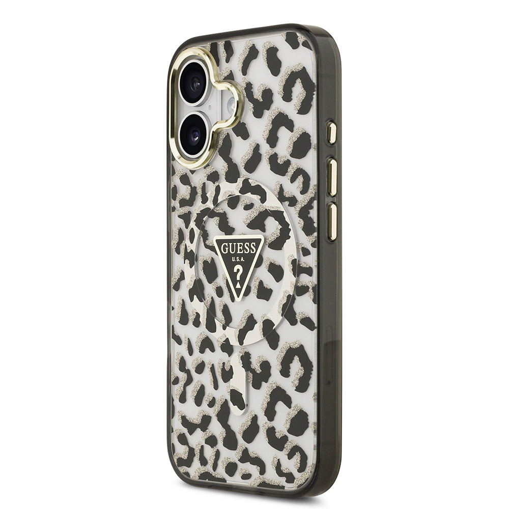 iPhone 17 Kılıf Guess Orijinal Lisanslı M-safe Şarj Özellikli Üçgen Logolu Simli Leopar Desenli Kılıf