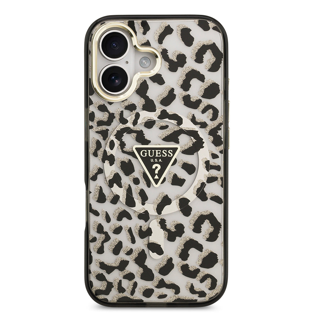 iPhone 17 Kılıf Guess Orijinal Lisanslı M-safe Şarj Özellikli Üçgen Logolu Simli Leopar Desenli Kılıf