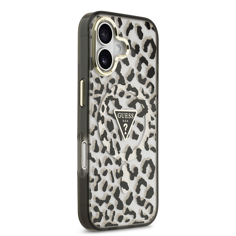 iPhone 17 Kılıf Guess Orijinal Lisanslı M-safe Şarj Özellikli Üçgen Logolu Simli Leopar Desenli Kılıf