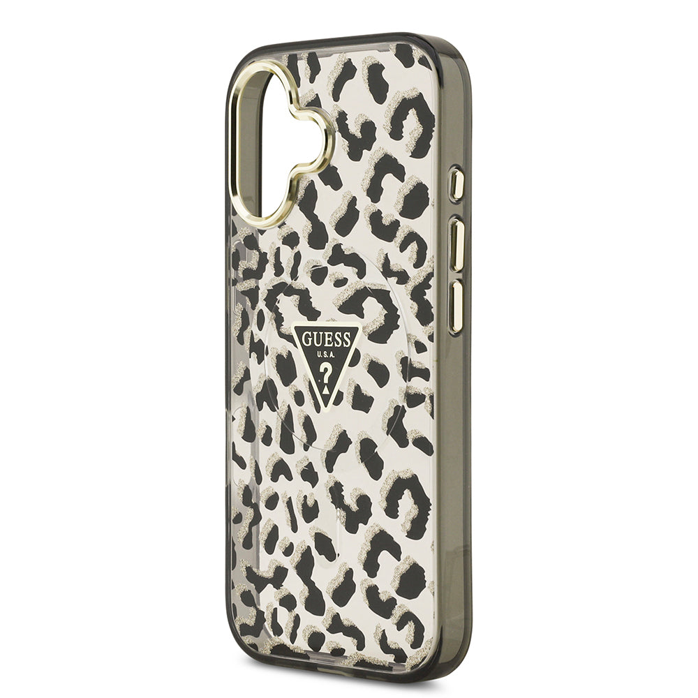 iPhone 17 Kılıf Guess Orijinal Lisanslı M-safe Şarj Özellikli Üçgen Logolu Simli Leopar Desenli Kılıf