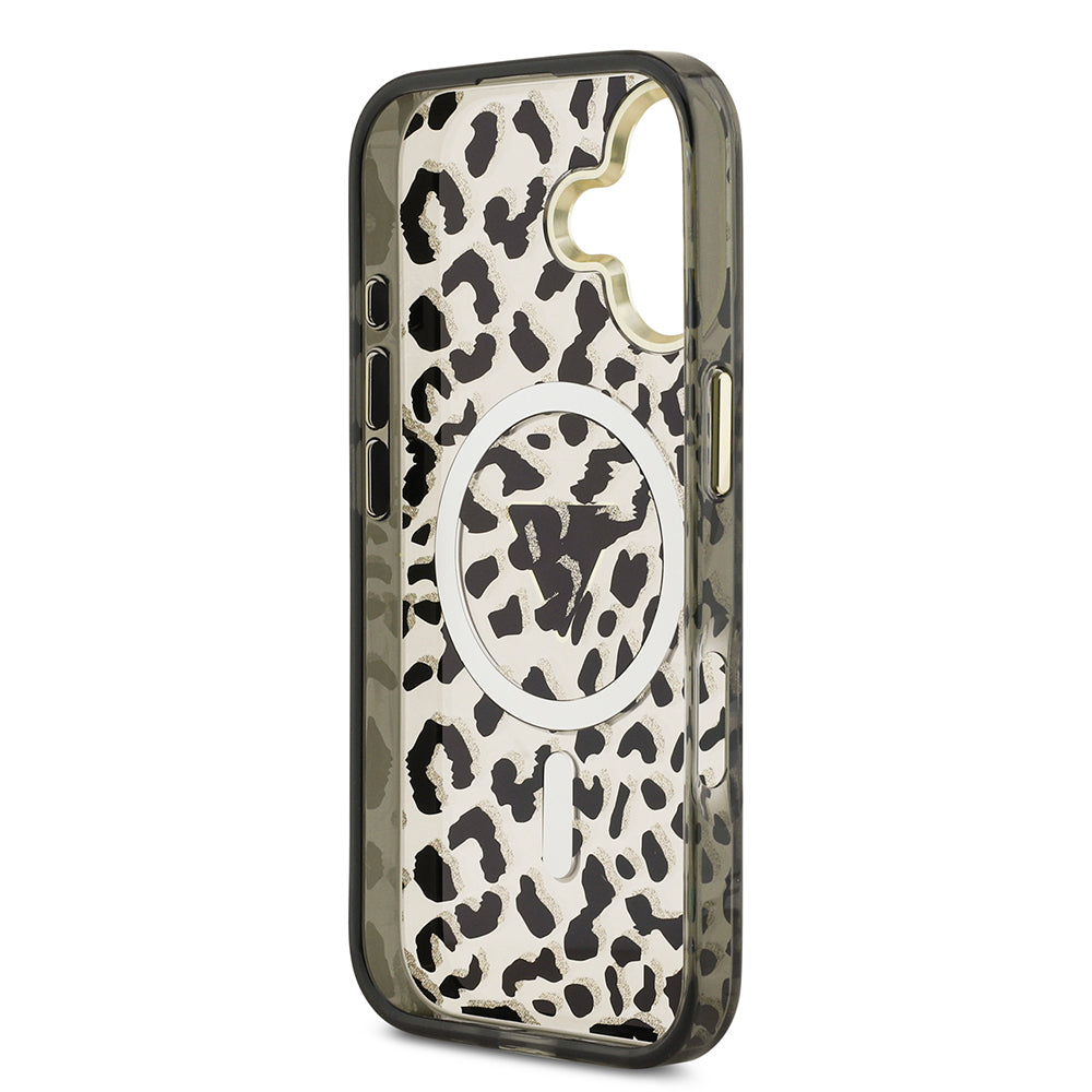 iPhone 17 Kılıf Guess Orijinal Lisanslı M-safe Şarj Özellikli Üçgen Logolu Simli Leopar Desenli Kılıf