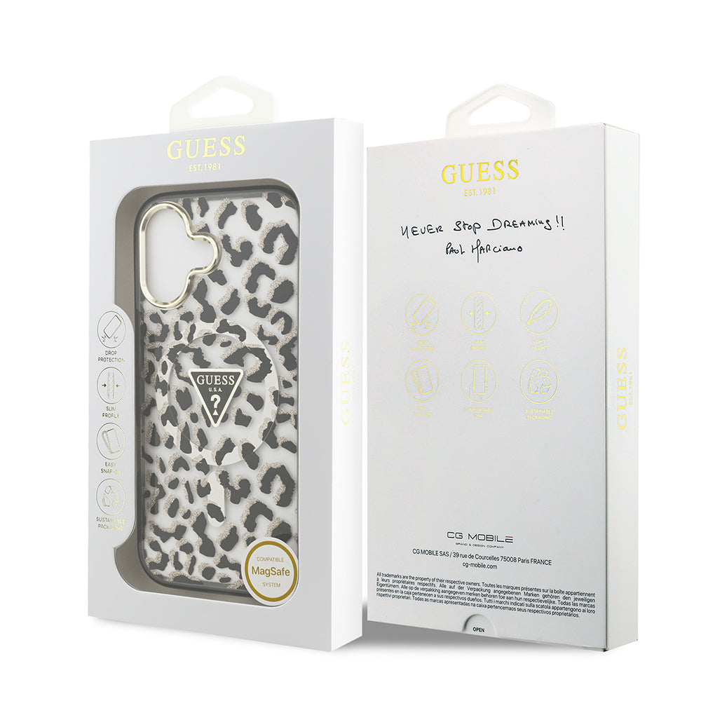 iPhone 17 Kılıf Guess Orijinal Lisanslı M-safe Şarj Özellikli Üçgen Logolu Simli Leopar Desenli Kılıf