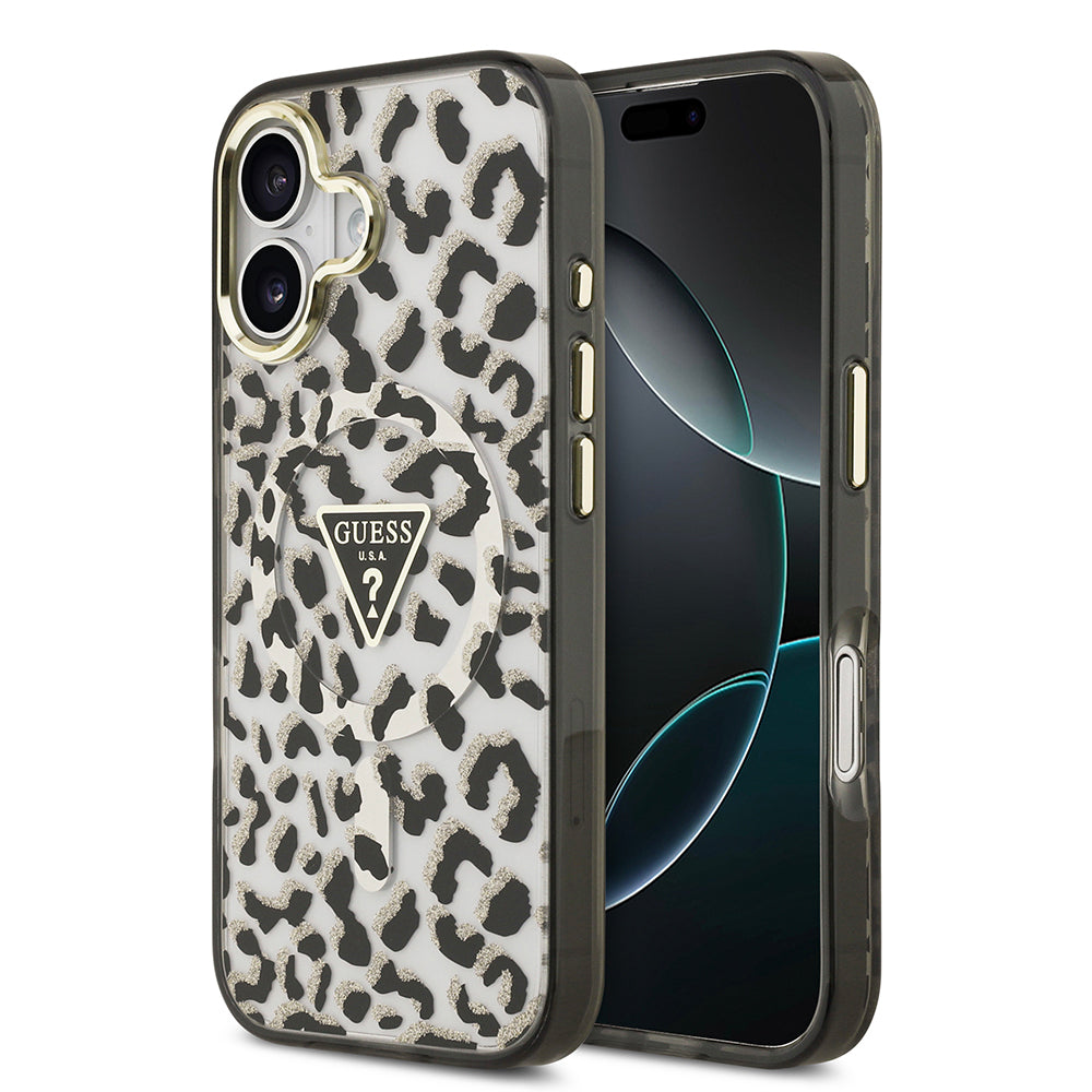 iPhone 17 Kılıf Guess Orijinal Lisanslı M-safe Şarj Özellikli Üçgen Logolu Simli Leopar Desenli Kılıf