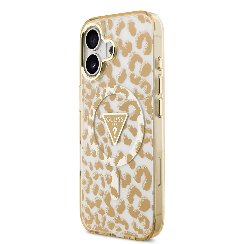iPhone 17 Kılıf Guess Orijinal Lisanslı M-safe Şarj Özellikli Üçgen Logolu Simli Leopar Desenli Kılıf