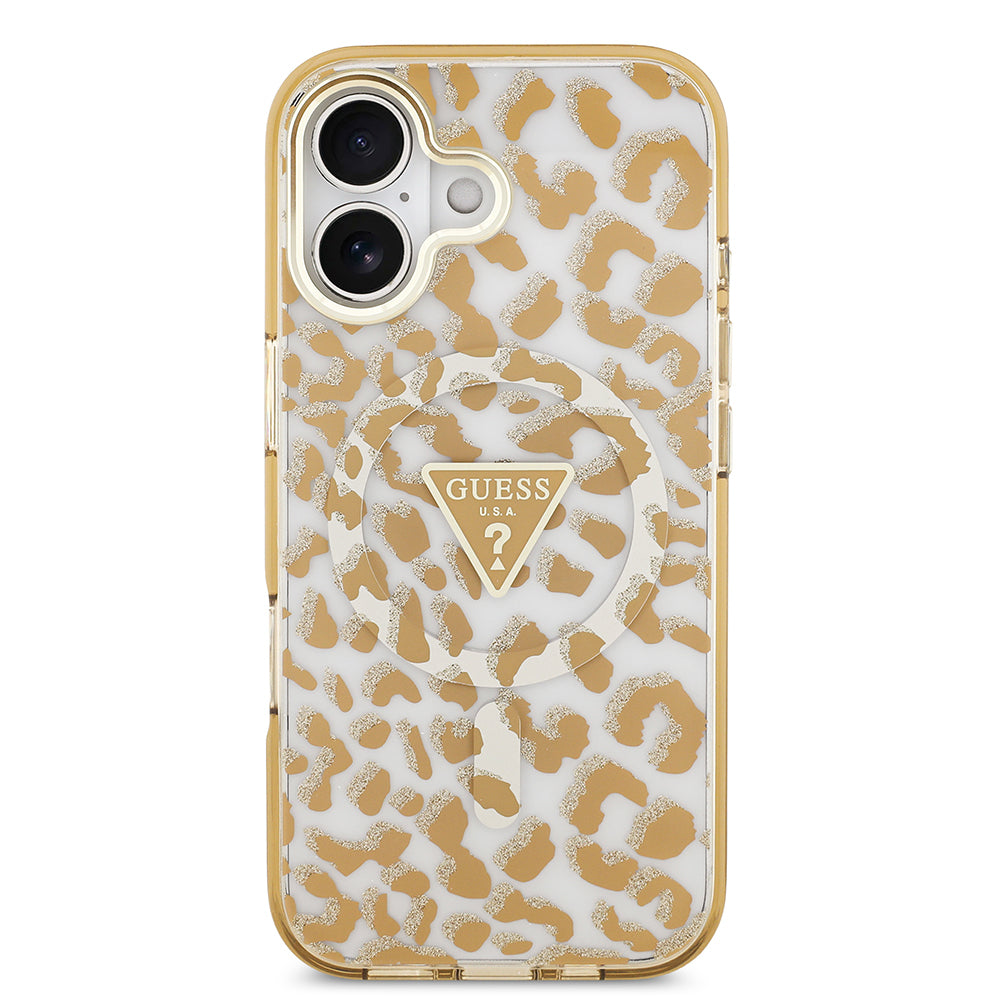 iPhone 17 Kılıf Guess Orijinal Lisanslı M-safe Şarj Özellikli Üçgen Logolu Simli Leopar Desenli Kılıf
