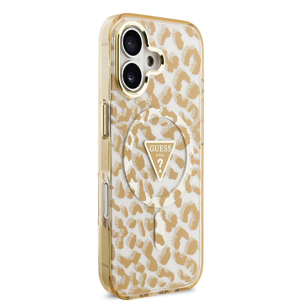 iPhone 17 Kılıf Guess Orijinal Lisanslı M-safe Şarj Özellikli Üçgen Logolu Simli Leopar Desenli Kılıf