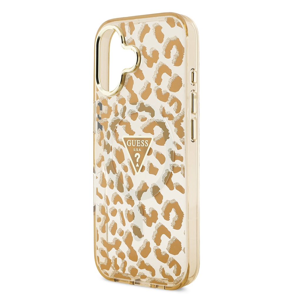 iPhone 17 Kılıf Guess Orijinal Lisanslı M-safe Şarj Özellikli Üçgen Logolu Simli Leopar Desenli Kılıf