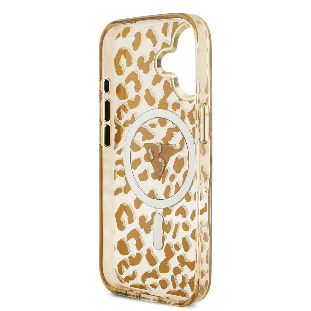 iPhone 17 Kılıf Guess Orijinal Lisanslı M-safe Şarj Özellikli Üçgen Logolu Simli Leopar Desenli Kılıf