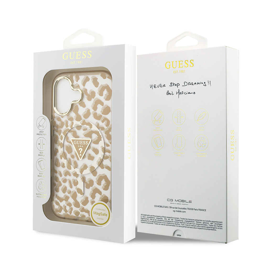 iPhone 17 Kılıf Guess Orijinal Lisanslı M-safe Şarj Özellikli Üçgen Logolu Simli Leopar Desenli Kılıf