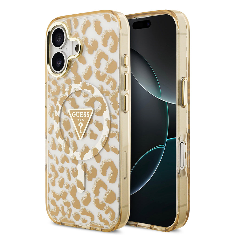 iPhone 17 Kılıf Guess Orijinal Lisanslı M-safe Şarj Özellikli Üçgen Logolu Simli Leopar Desenli Kılıf