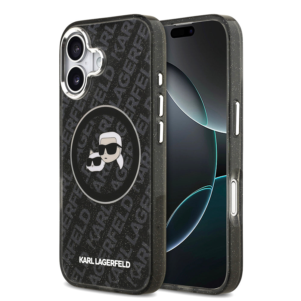iPhone 17 Kılıf Karl Lagerfeld Orijinal Lisanslı Parlayan Simli Karl & Choupette Heads Kılıf