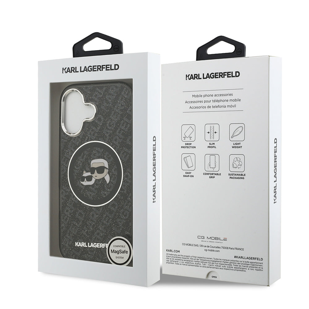 iPhone 17 Kılıf Karl Lagerfeld Orijinal Lisanslı Parlayan Simli Karl & Choupette Heads Kılıf
