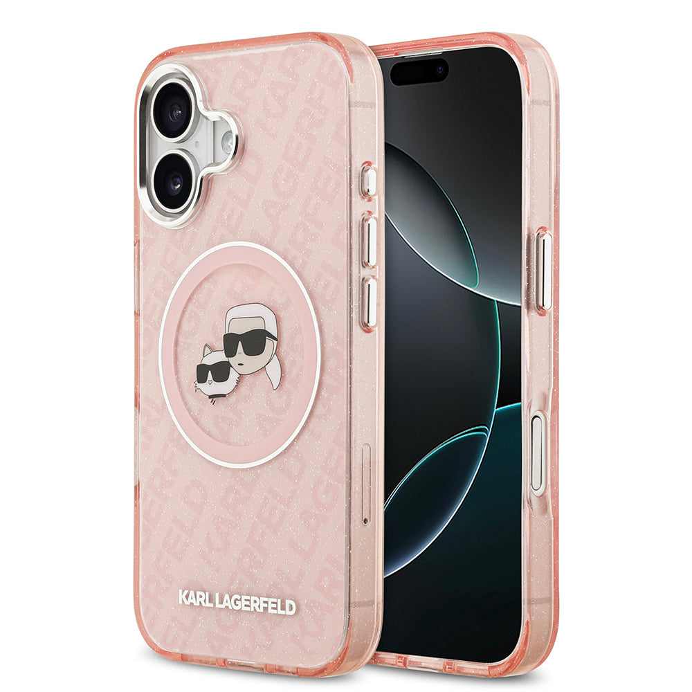 iPhone 17 Kılıf Karl Lagerfeld Orijinal Lisanslı Parlayan Simli Karl & Choupette Heads Kılıf