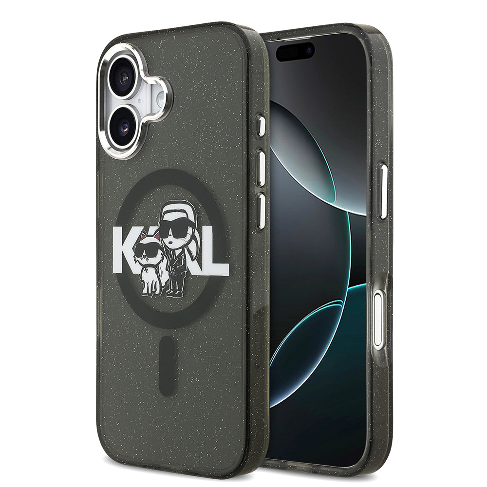 iPhone 17 Kılıf Karl Lagerfeld Orijinal Lisanslı Parlayan Simli Karl & Choupette Sketch Logo Kılıf
