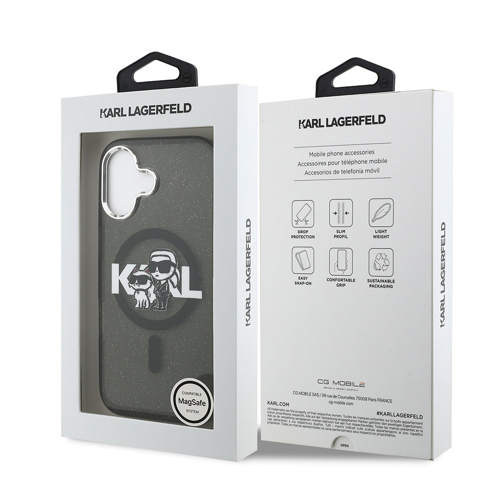 iPhone 17 Kılıf Karl Lagerfeld Orijinal Lisanslı Parlayan Simli Karl & Choupette Sketch Logo Kılıf